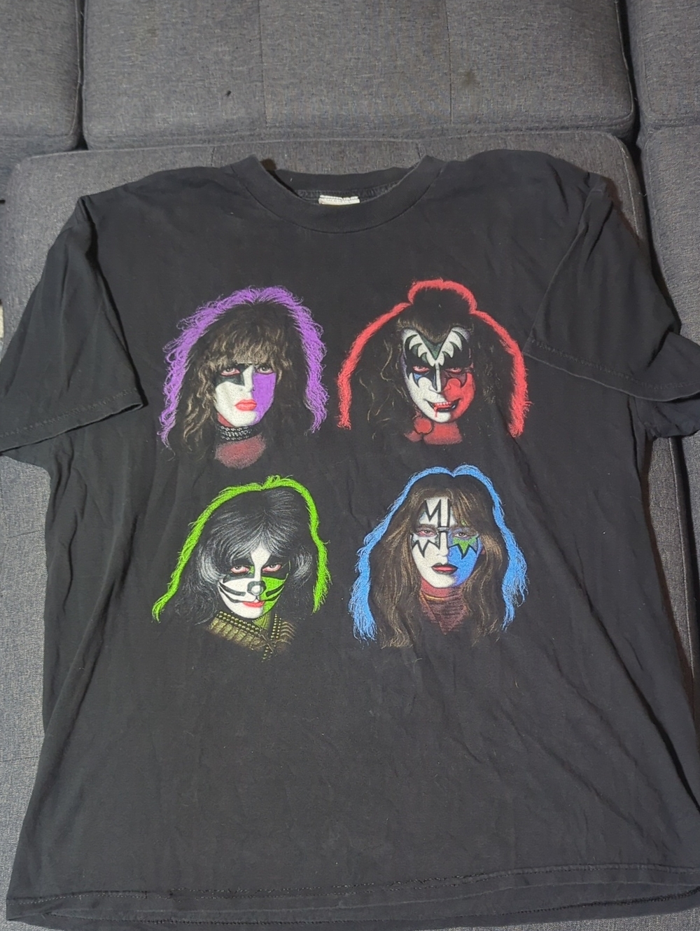 Y2K KISS "Four Faces" Neon Graphic Band Tee Size XL - Philcos Tag Big Back Logo